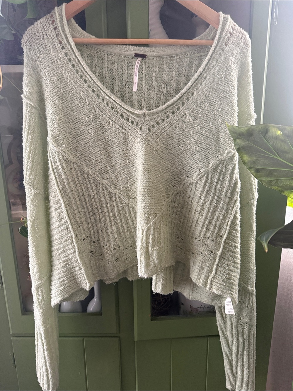 Free People Pale Sage V-Neck Cropped Knit Sweater